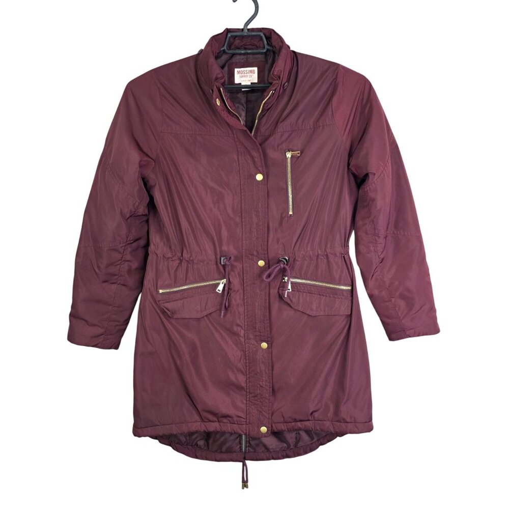 Womens Burgundy Mossimo Supply Co Quilted Long Jacket Gold Accents Drawstrings M